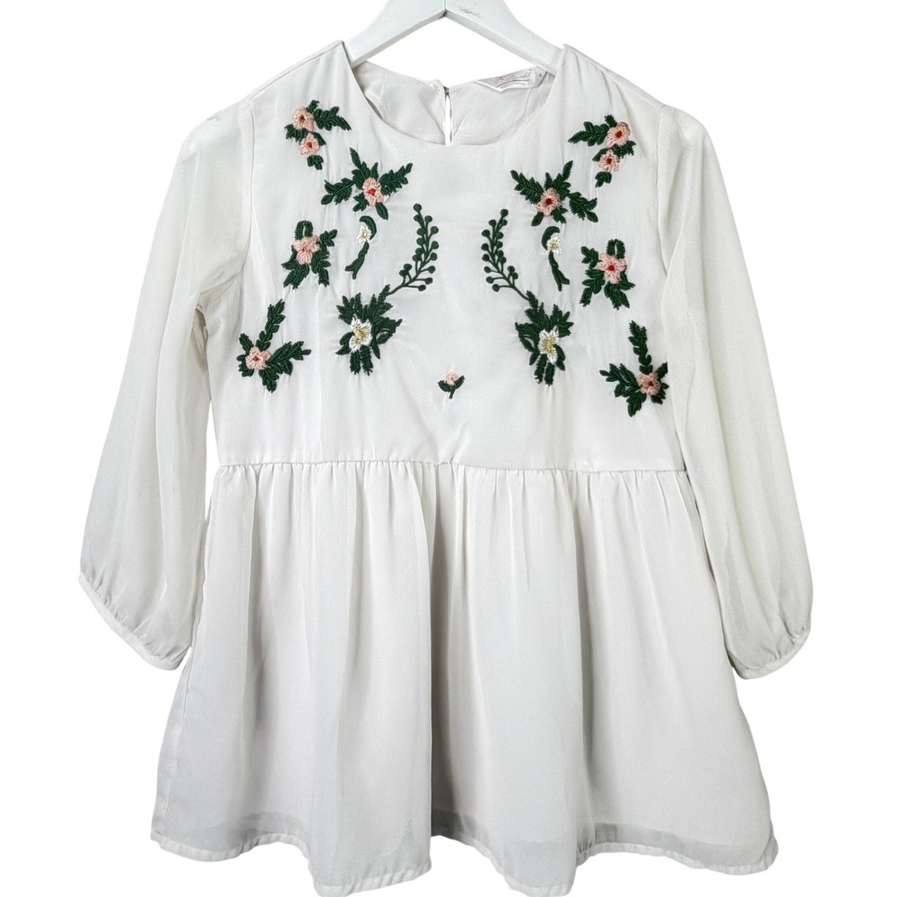 Pannkh Embroidered Babydoll Blouse White Floral Peplum Long Sleeve Top M